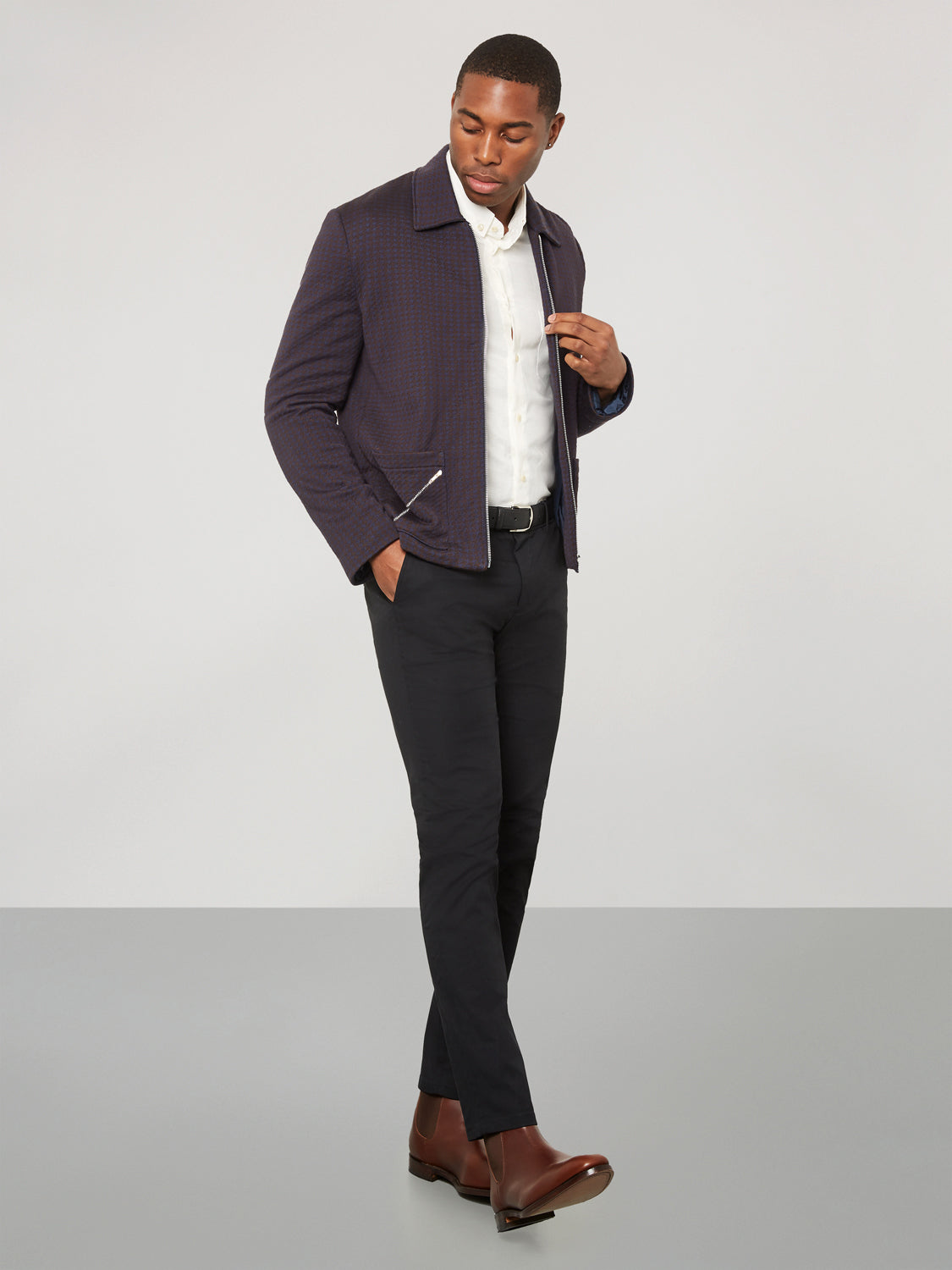 Houndstooth Knitted Jacket - Navy & Brown