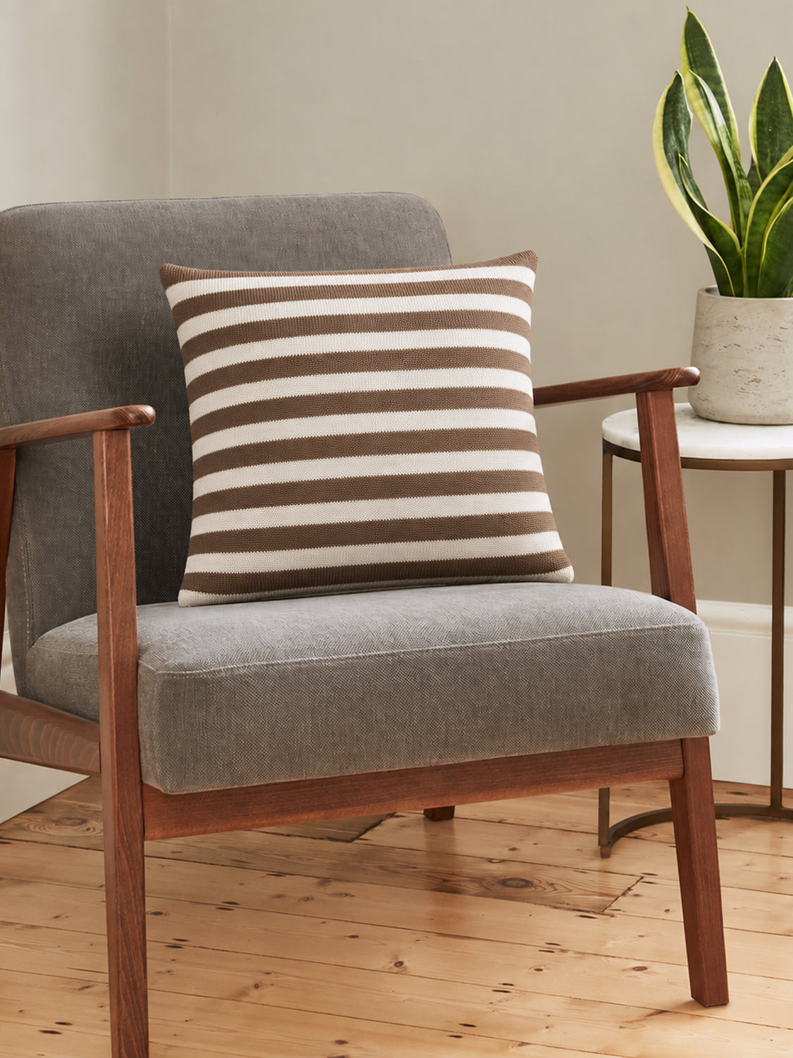 Striped White and Caramel Brown Cushion