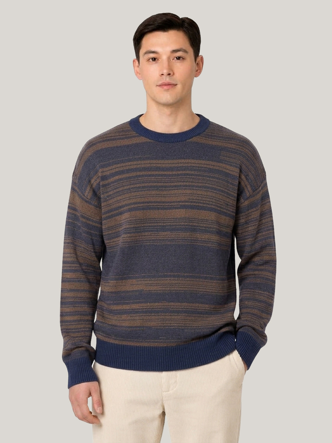 Stripe Crewneck Wool Jumper – Navy & Brown
