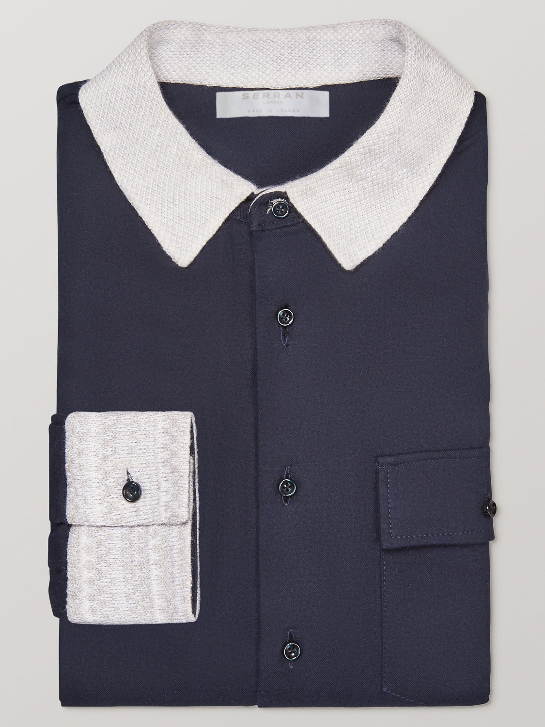 Oyster White Knit Collar Navy Slim Fit Shirt