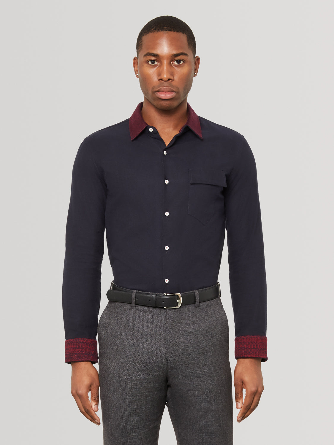 Rose Knit Collar Navy Slim Fit Shirt