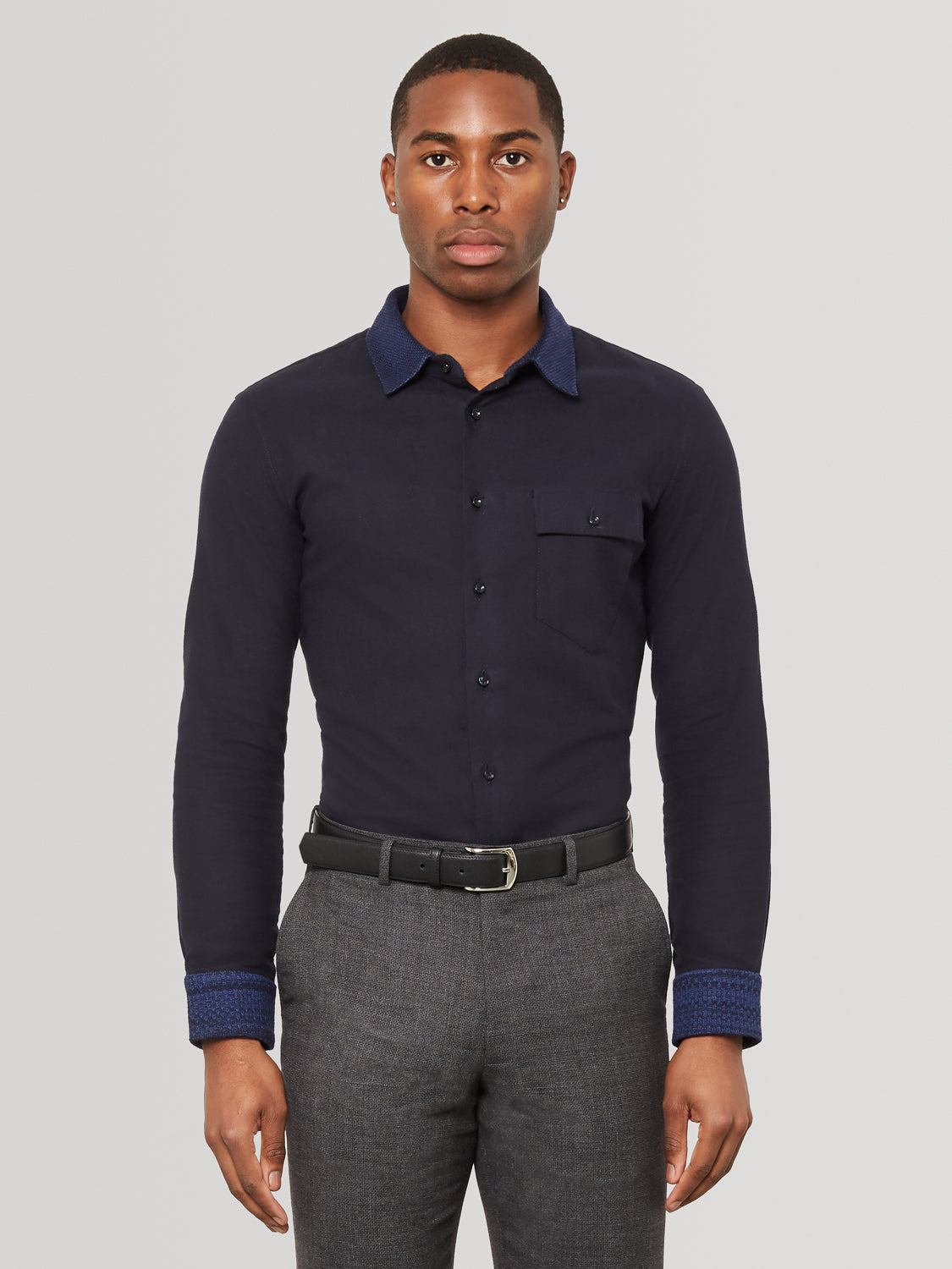 Midnight Navy Knit Collar Navy Slim Fit Shirt