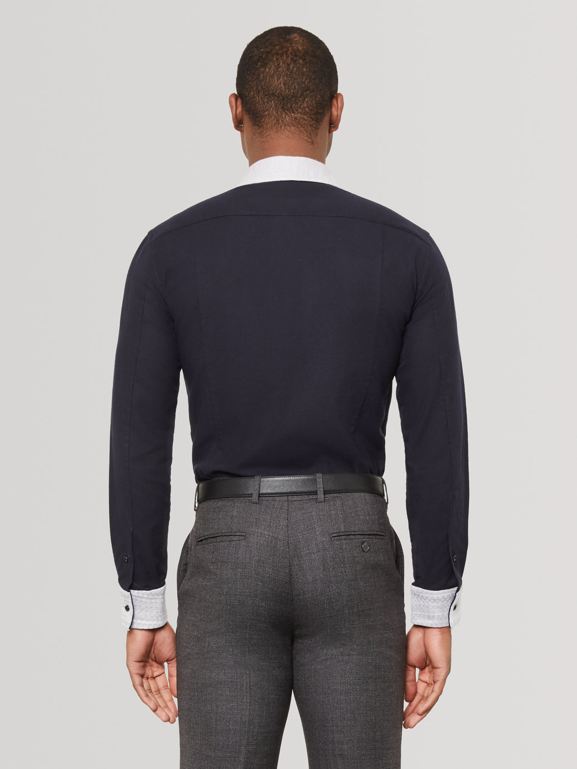 Oyster White Knit Collar Navy Slim Fit Shirt