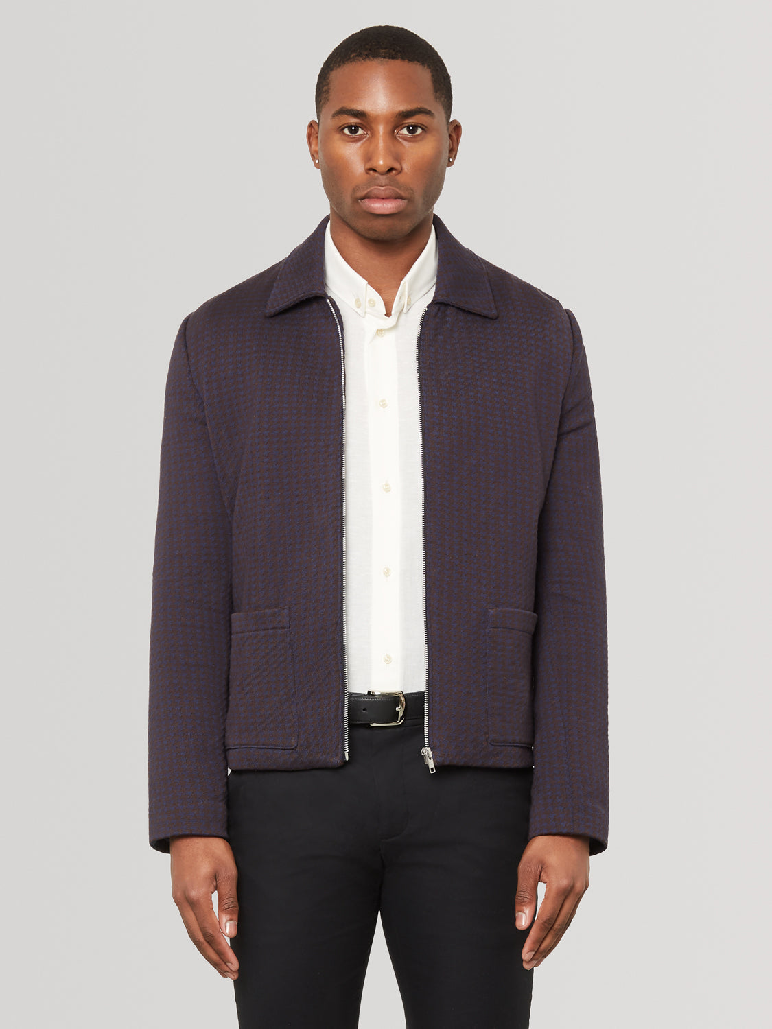 Houndstooth Knitted Jacket - Navy & Brown