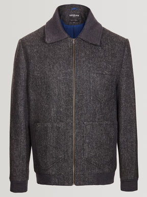 Zipped Herringbone Wool Jacket - Charcoal Grey
