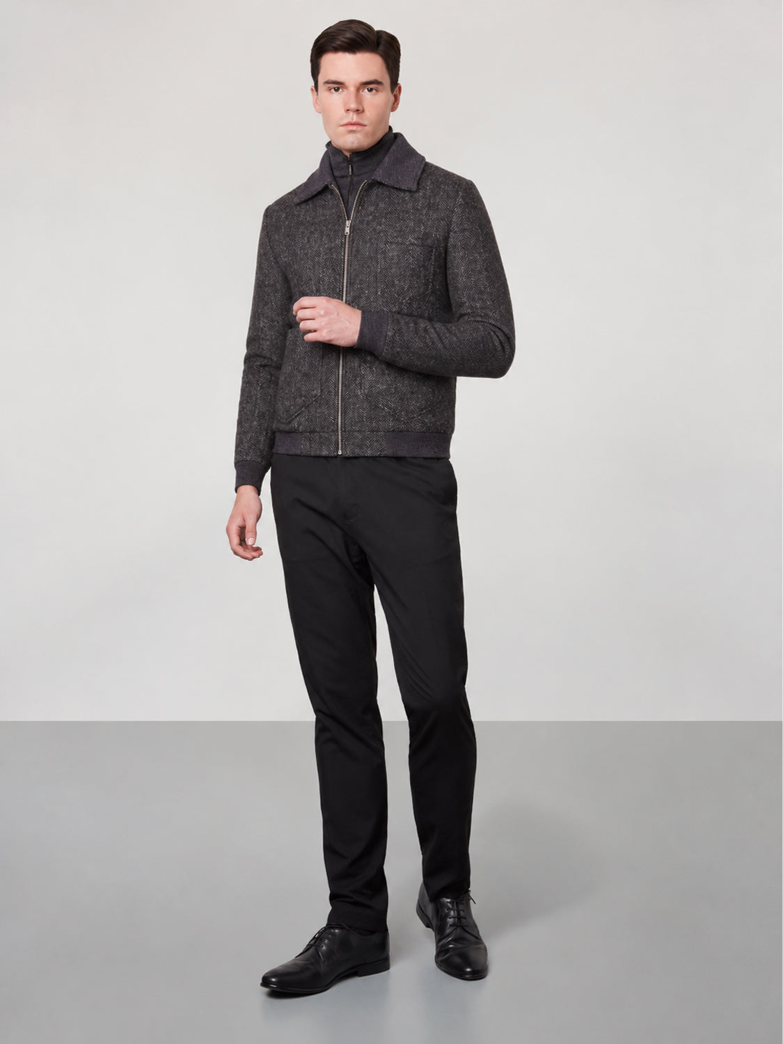 Zipped Herringbone Wool Jacket - Charcoal Grey