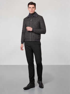 Zipped Herringbone Wool Jacket - Charcoal Grey