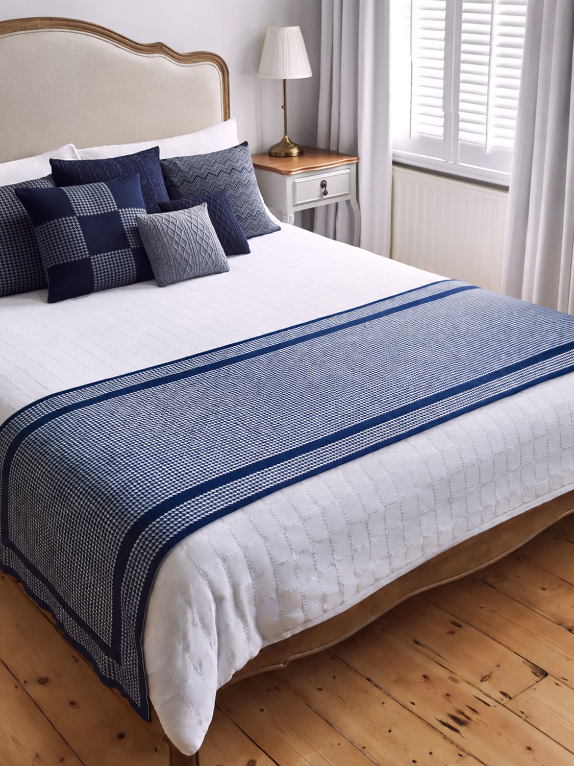 Navy & White Houndstooth Merino Wool Throw